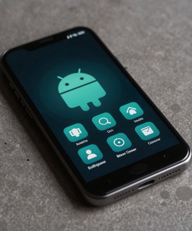 Photography of a sleek, dark-themed home screen on an Android phone, featuring custom teal icons and a minimalist layout. Neutral lighting.