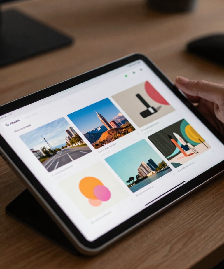 Modern photography showing an Android tablet used in a North American / US creative studio. The screen shows a complex, colorful layout for a creative app. Soft focus background.