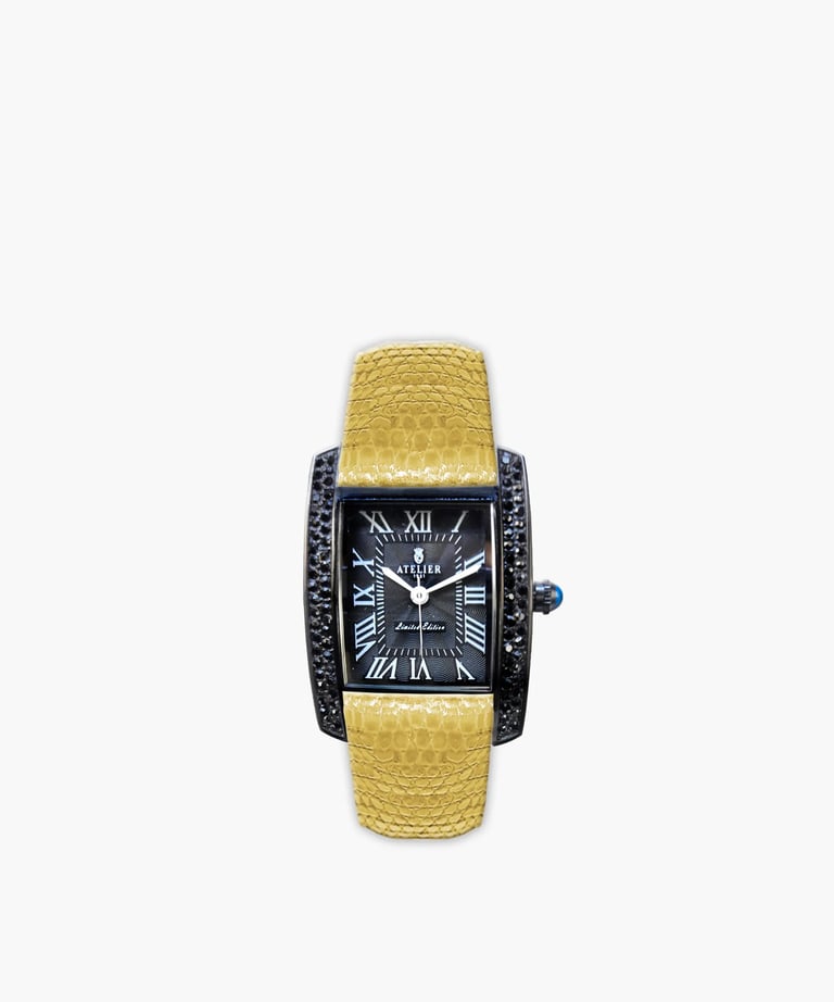 Luxury Atelier watch with a yellow l strap, black rectangular diamond bezel, and Roman numeral dial.