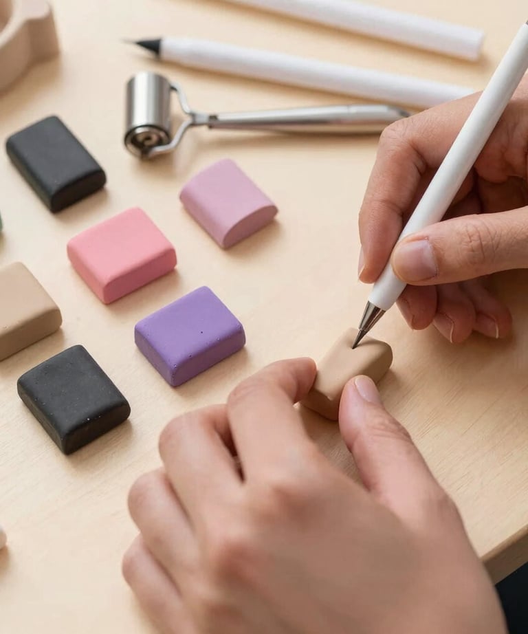 Artisan carefully shaping a polymer clay bracelet in a cozy, feminine workspace.