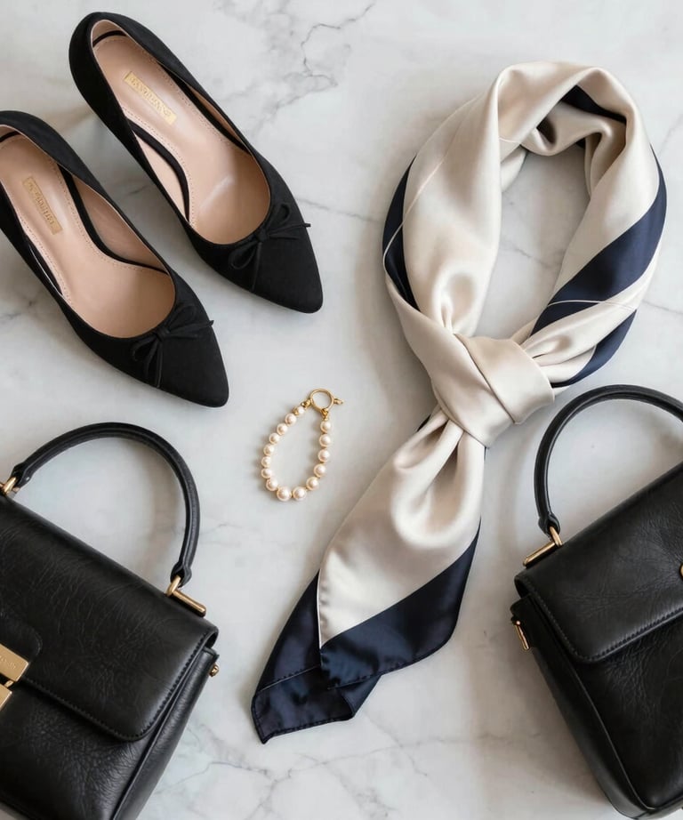 Velune Paris luxury women's fashion collection heels, jewelry, scarf and handbag