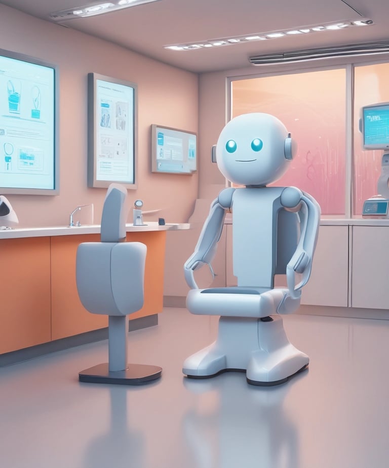 Close-up of a chatbot interface on a tablet in a modern dental office setting.