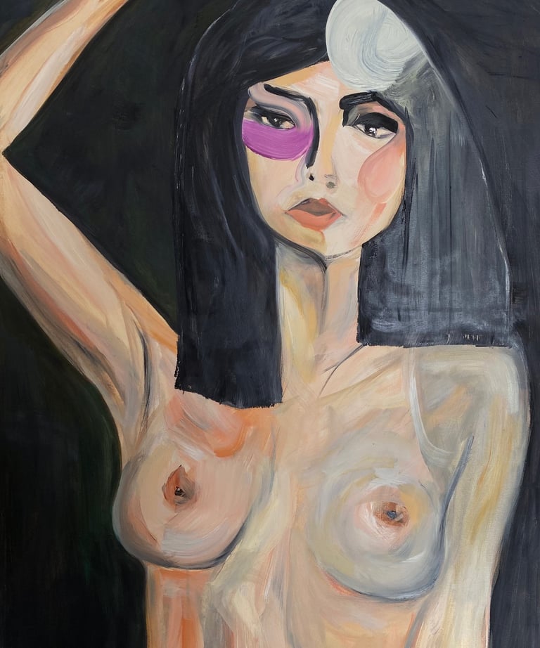  'Shade,' a sensual oil painting by Sherezade Morales, celebrating feminine allure and elegance.