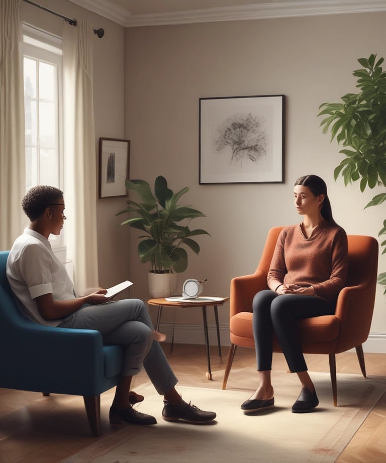 A professional consultation setting with a medical professional sitting at a desk facing a client. The room has a modern aesthetic with white walls decorated with framed certificates. The desk is organized with office supplies, a laptop, and a fruit bowl in the center.