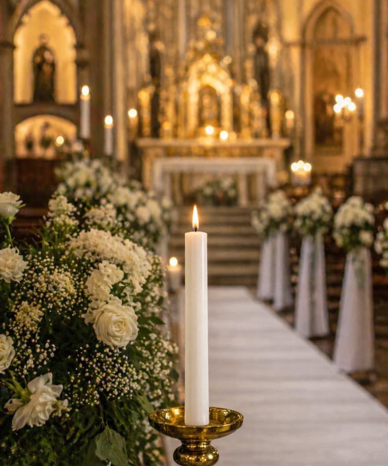 Lit 12-inch white pillar candle in a brass holder, surrounded by white roses and greenery in an elegant church setting.