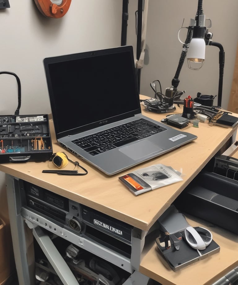 A workbench is cluttered with technology repair tools and disassembled electronic devices. Multiple laptops are open, and an overhead lamp provides focused lighting on the workspace. A backpack sits at the back, amidst a disarray of tools such as screwdrivers, a utility knife, and an organized box of small components. Various pieces of electronic hardware and circuit boards are spread out on the table.