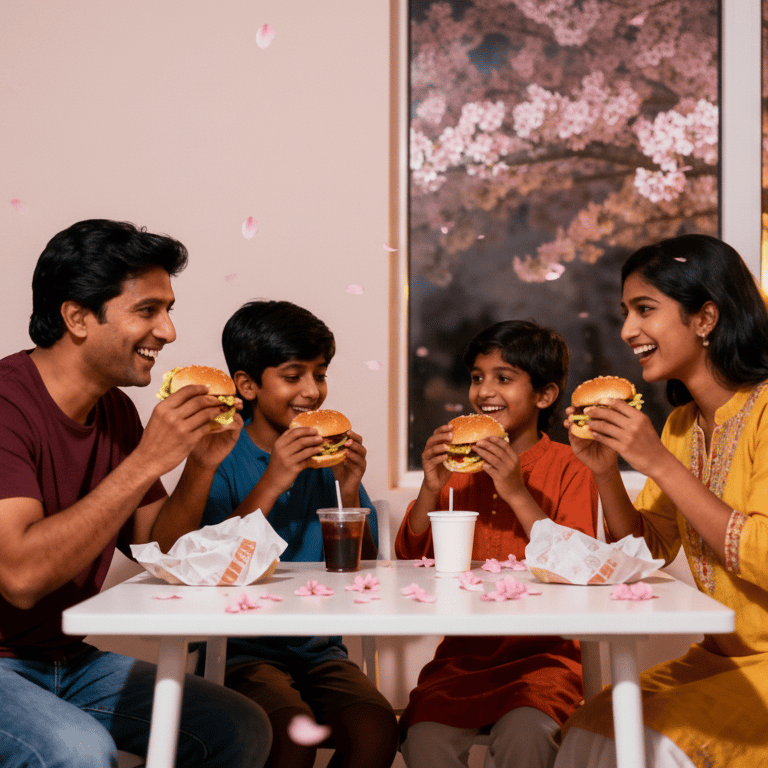 a family eating Burger and drinking mojito at a table in Nyo Cafe
