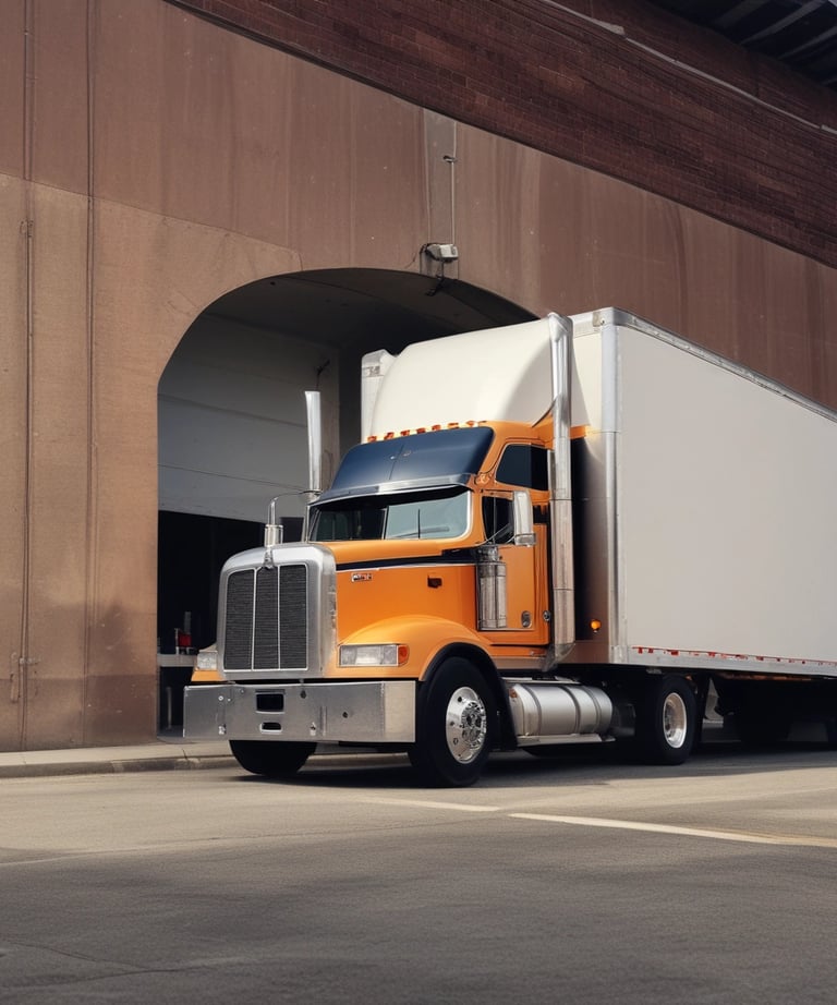 A large white semi-truck is parked outside a warehouse loading dock, positioned to unload or load goods. The truck features a logo with the word 'Innovativos' on the side. Nearby, there is a red and black mechanical lift labeled 'SkyJack' on the ground. The setting is an open area with clear skies in the background.