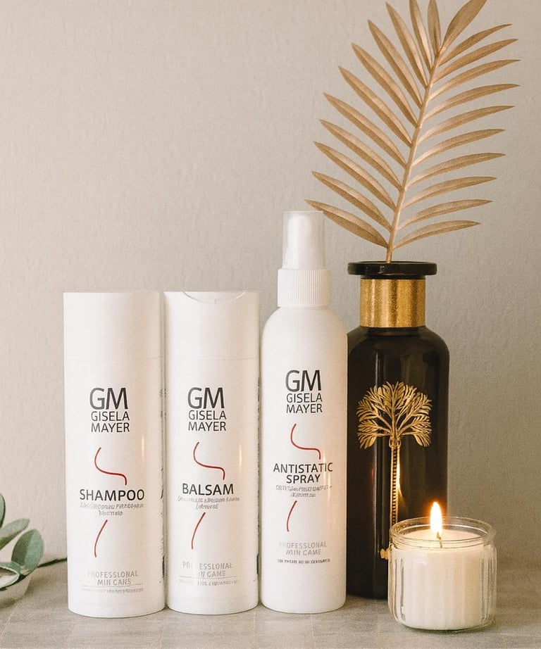 Produits capillaires Gisela Mayer alignés sur une étagère avec une bougie et une décoration dorée.