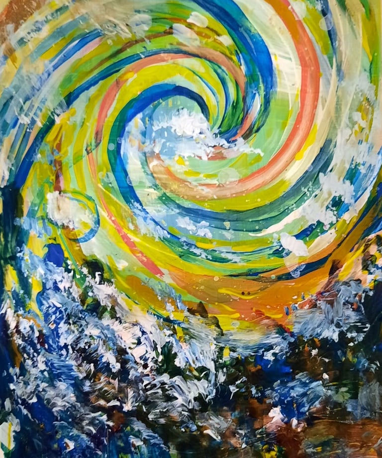 peinture acrylique aux couleurs vives représentant un paysage montagneux enneigé au style psychédélique et abstrait