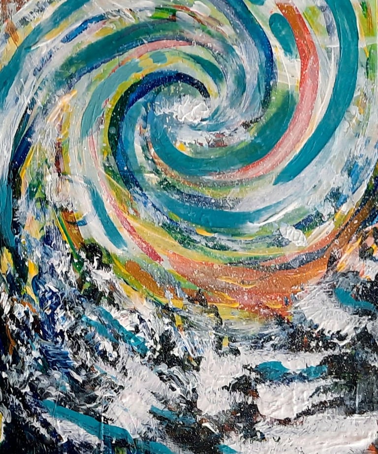 peinture acrylique aux couleurs vives représentant un paysage montagneux enneigé au style psychédélique et abstrait