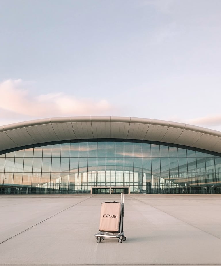 Modern airport terminal with glass fascade and a travel trolley labeled 'Explore' place in front under a pink sky.