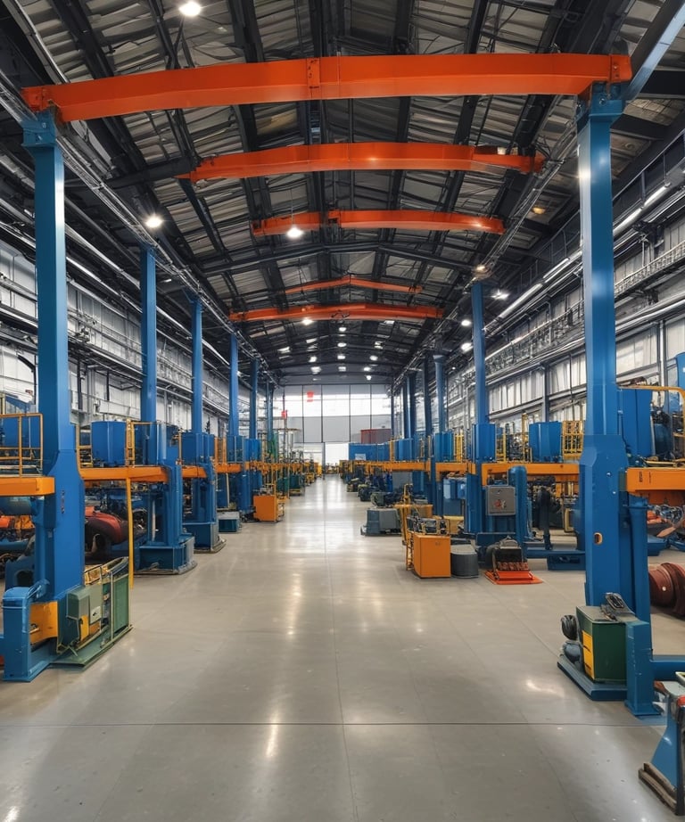 A complex mechanical apparatus with several metallic components, including pipes and cylinders, is prominently displayed. The machine features a blue cylindrical section at the top and is situated in a minimalist white room.