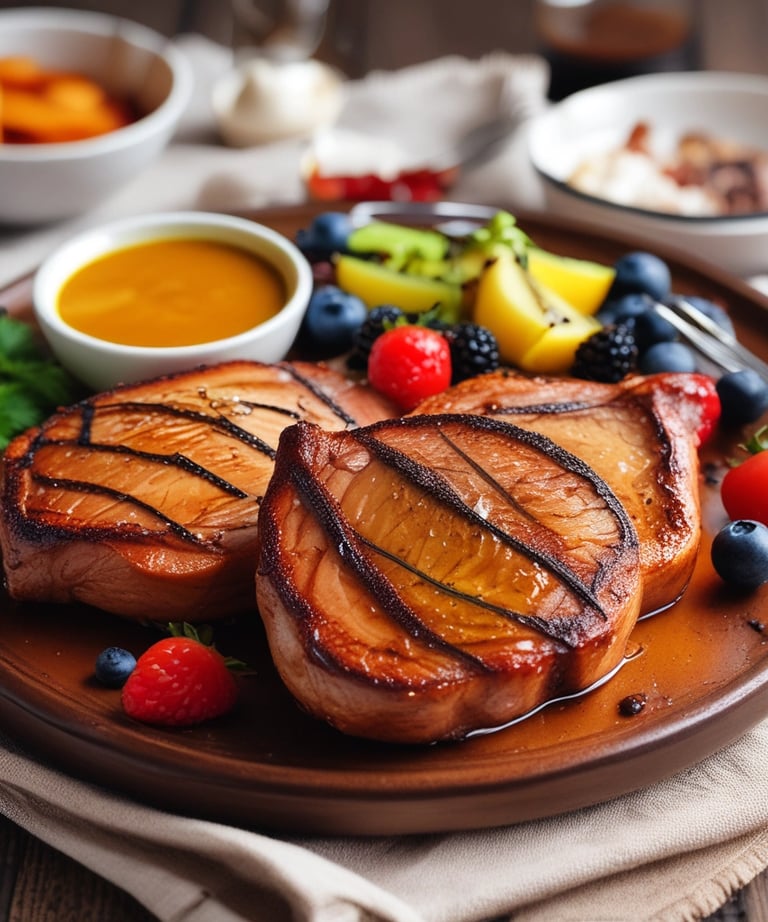 A metal tray filled with seasoned meat pieces is positioned on a charcoal grill emitting gentle smoke. The atmosphere is dimly lit, creating a rustic and warm ambiance.