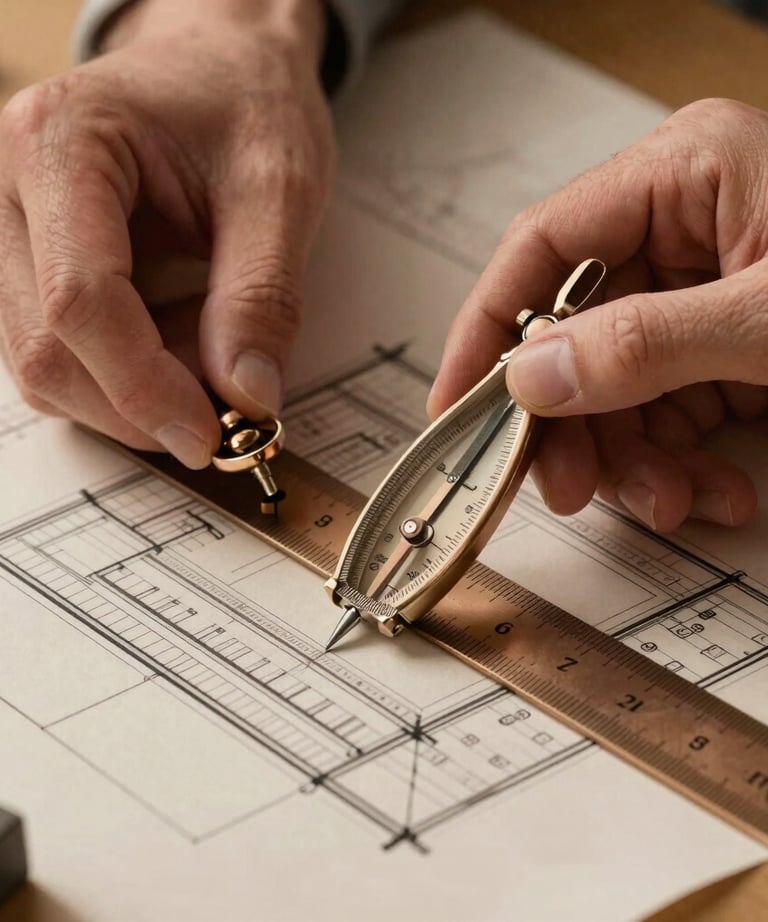 A close-up shot of hands holding a compass and a ruler over a detailed technical drawing of a foundation. The color palette is warm bronze and sand, reflecting architectural heritage.