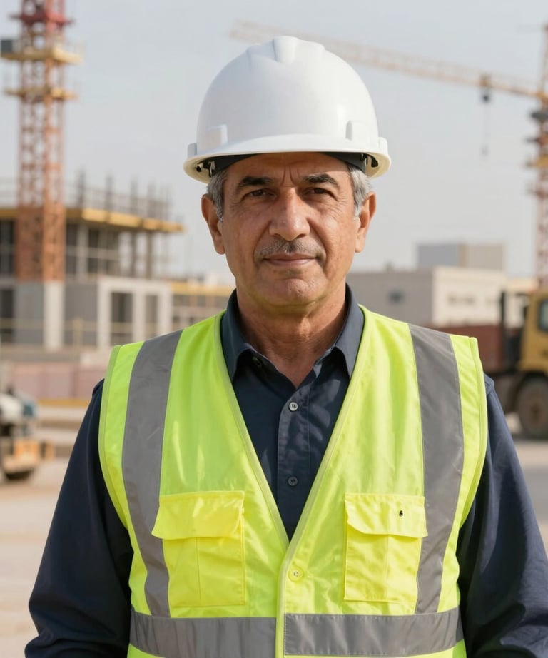 A professional portrait of a senior project manager wearing a white hard hat and a reflective vest, standing in front of an active construction project. The setting is a Middle Eastern / Gulf industrial zone during the daytime.