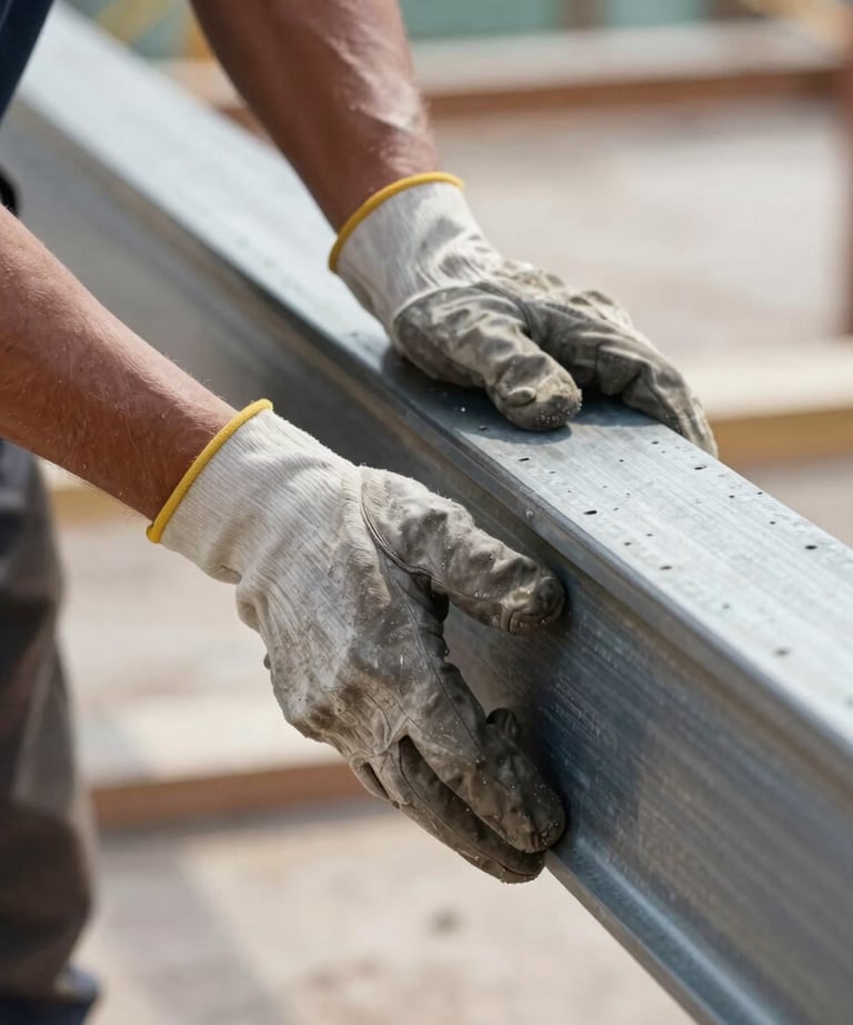 A close-up photograph of a professional worker's hands wearing heavy-duty gloves, guiding a large steel beam during a construction project. The focus is on the precision and effort involved.