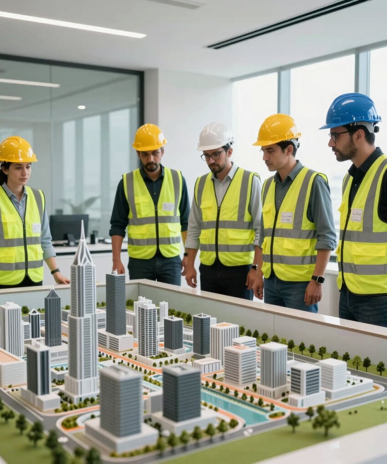 A group of engineers in safety vests and hard hats looking at a large physical model of a city masterplan. The room is modern and bright, showing a professional Middle Eastern office.
