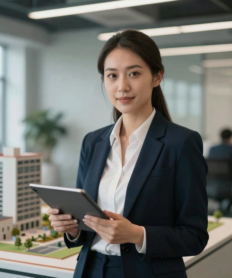 A professional portrait of a female project engineer holding a tablet, standing in a modern architectural office. The background is softly blurred, showing building models and plans.