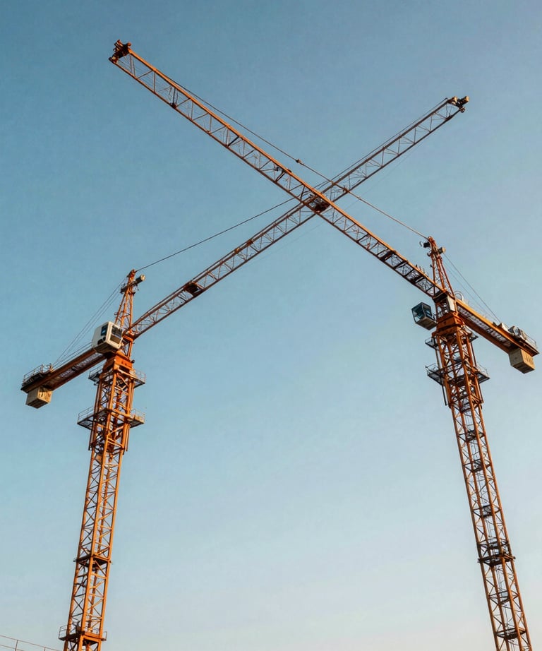 A low-angle shot of three construction cranes against a bright blue afternoon sky. The steel arms cross in a geometric pattern, symbolizing strength and progress.