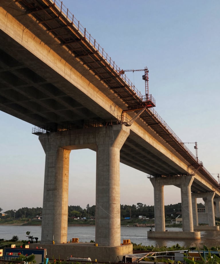 A view of a modern bridge under construction at sunset, with a golden glow hitting the concrete pillars. The composition highlights the integration of infrastructure into the natural landscape.