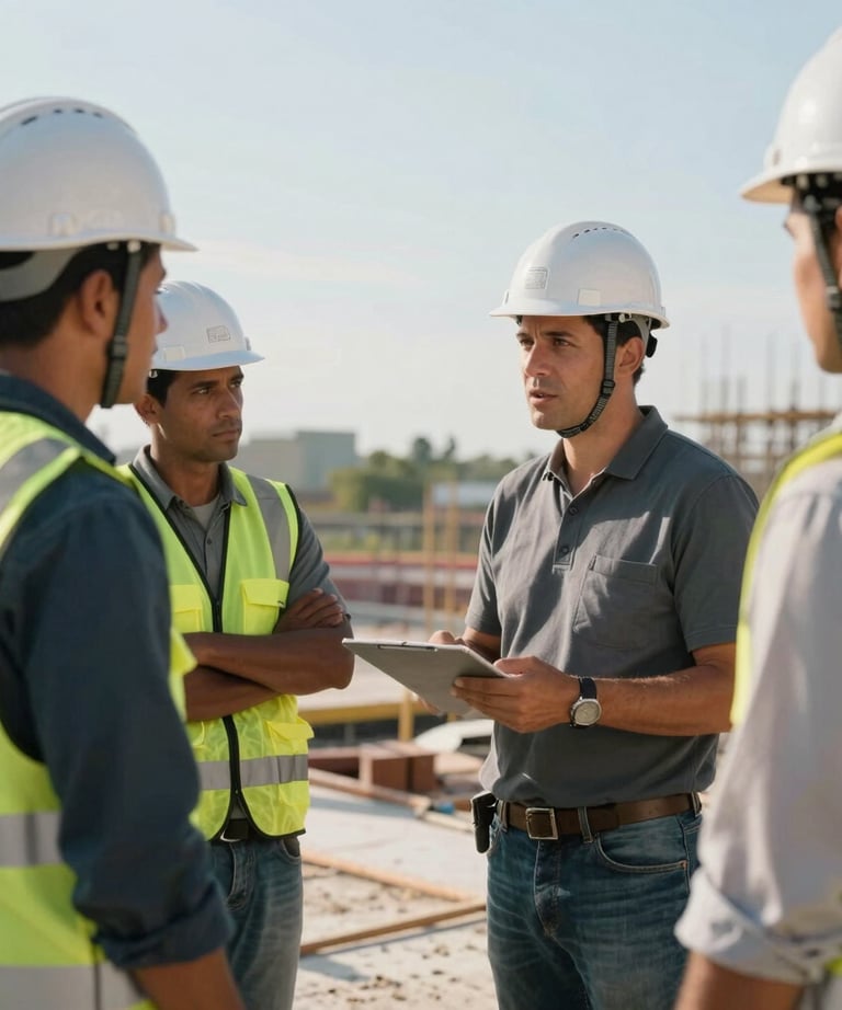 A candid shot of a site supervisor in a hard hat talking to a team of workers on a construction floor. The sunlight is bright and natural, typical of a Gulf afternoon.