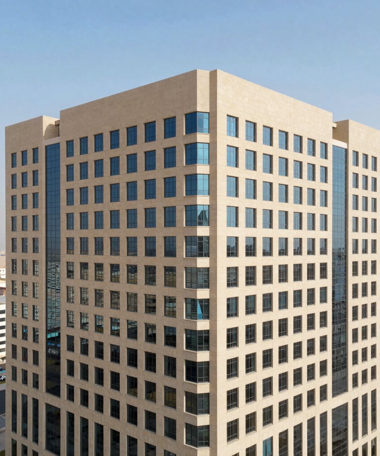 An aerial photograph of a newly completed office complex in Dammam, highlighting the sand-colored facade and modern glass windows under a clear bright sky. The composition showcases geometric precision and clean lines.