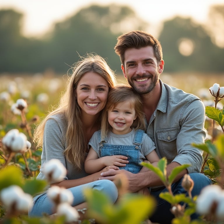 a man and woman sitting in a field of cotton