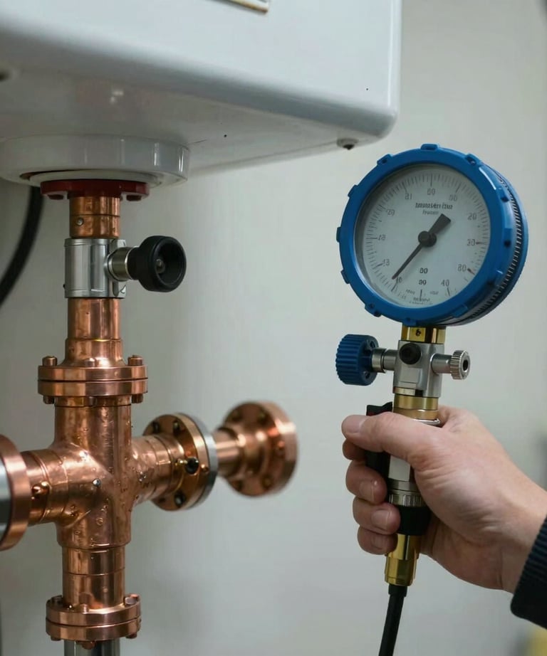 A professional gas leak testing device sniffing around copper joints and connections of a boiler safely in Tekirdağ / Thrace, Turkey.