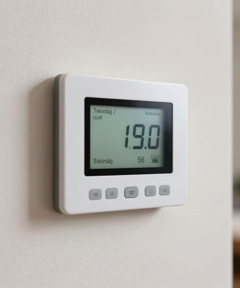 A close-up of an elegant, modern digital room thermostat installed on a clean, soft-colored wall in a home in Tekirdağ / Thrace, Turkey, showing perfect interior temperature.