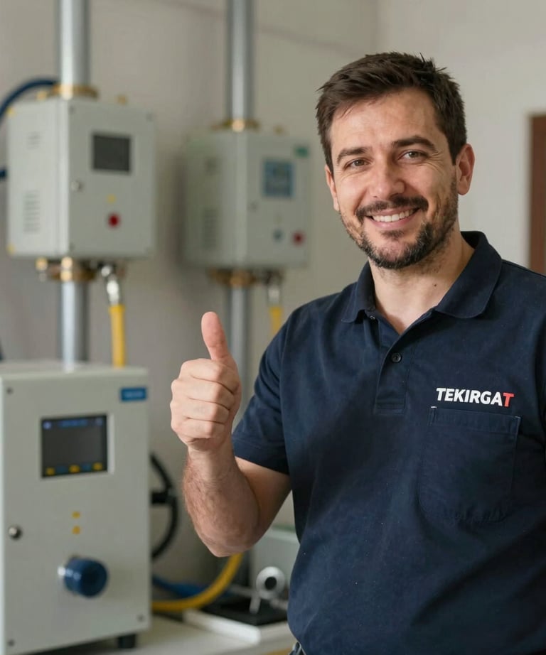Portrait of a certified gas installation expert showing a friendly hand gesture, standing next to modern equipment in Tekirdağ / Thrace, Turkey. Cozy, professional background.