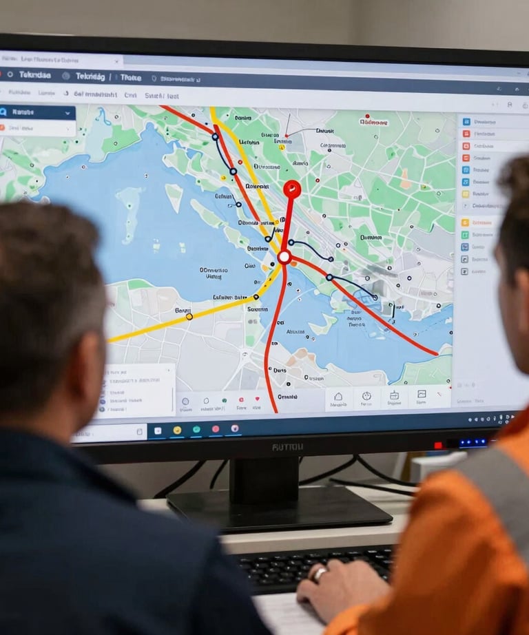 A dispatch coordinator looking at a screen mapping real-time service locations in Tekirdağ / Thrace, Turkey, arranging swift routes for emergency heat restoration.