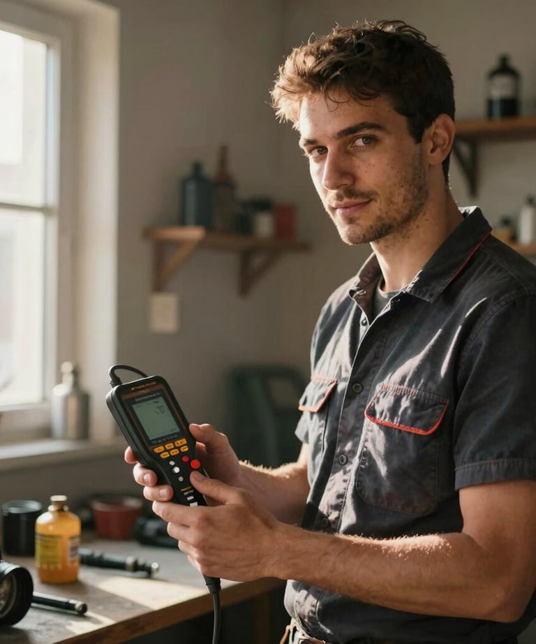 A younger skilled boiler repair specialist holding a digital pipe checking device, looking confident in Tekirdağ / Thrace, Turkey. Warm sunlight lighting up the workspace.
