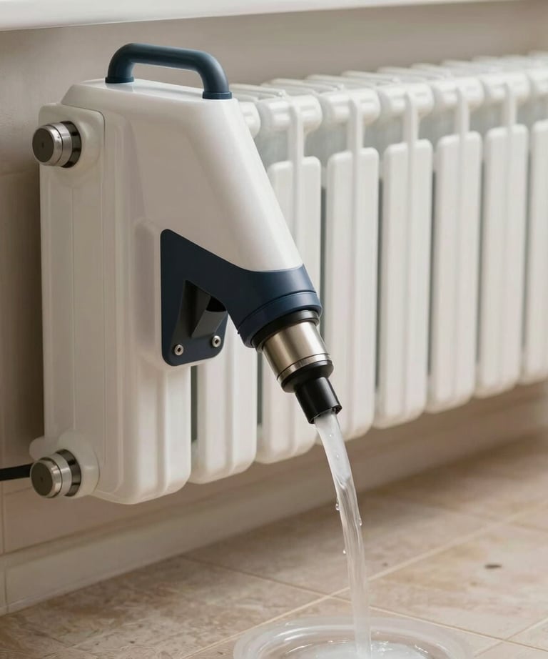 Clean, modern chemical flushing machine pumping cleaner through home heating radiators in Tekirdağ / Thrace, Turkey. Professional work, sand-toned tiles visible.