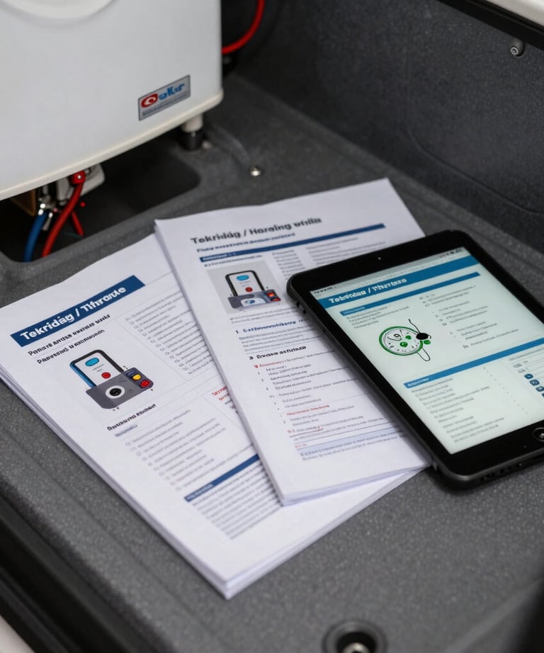 A close-up shot of neat heating repair manuals and a tablet showing boiler repair guides inside a clean mobile service van in Tekirdağ / Thrace, Turkey.