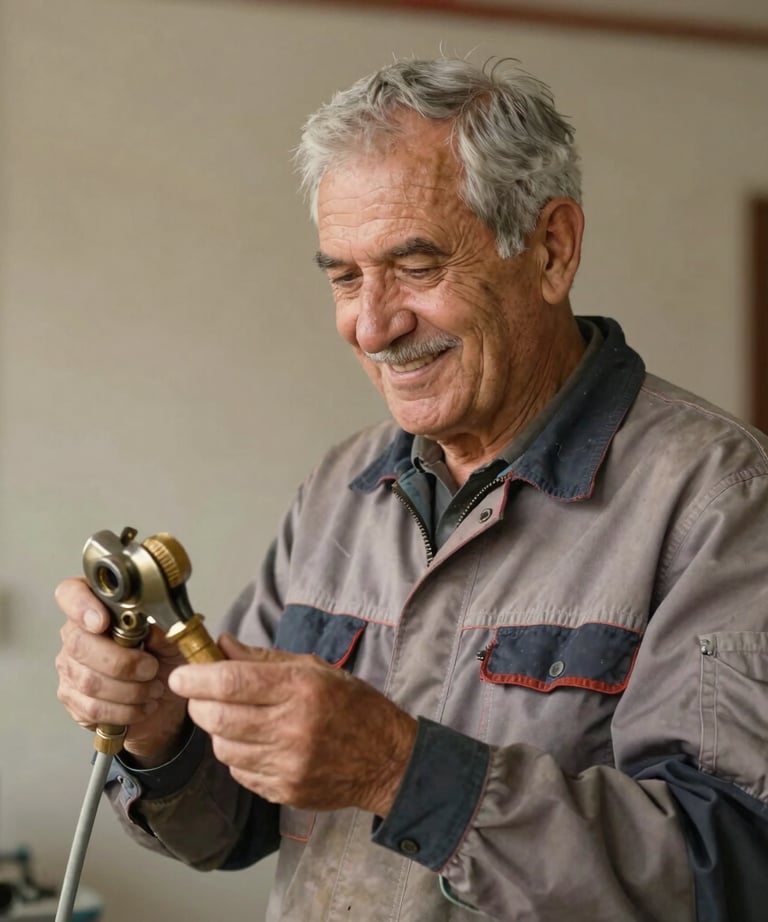 Portrait of an experienced senior gas heating engineer in clean work clothes, smiling and checking tools in Tekirdağ / Thrace, Turkey. High clarity, warm earthy tone.