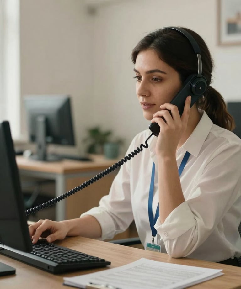 Warm, brightly lit service customer care representative talking on the phone in a cozy office in Tekirdağ / Thrace, Turkey, scheduling service calls.