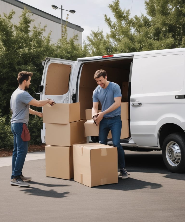 A person in a warehouse is transporting a large blue barrel on a red hand truck. The background includes stacks of cardboard boxes and pallets, with fluorescent lighting from above and a concrete floor.
