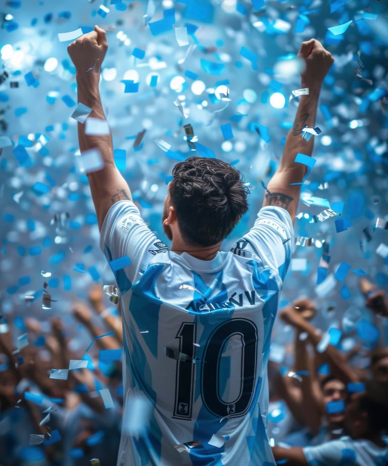 NexaGoals celebration — football player wearing number 10 shirt cheering with blue confetti crowd