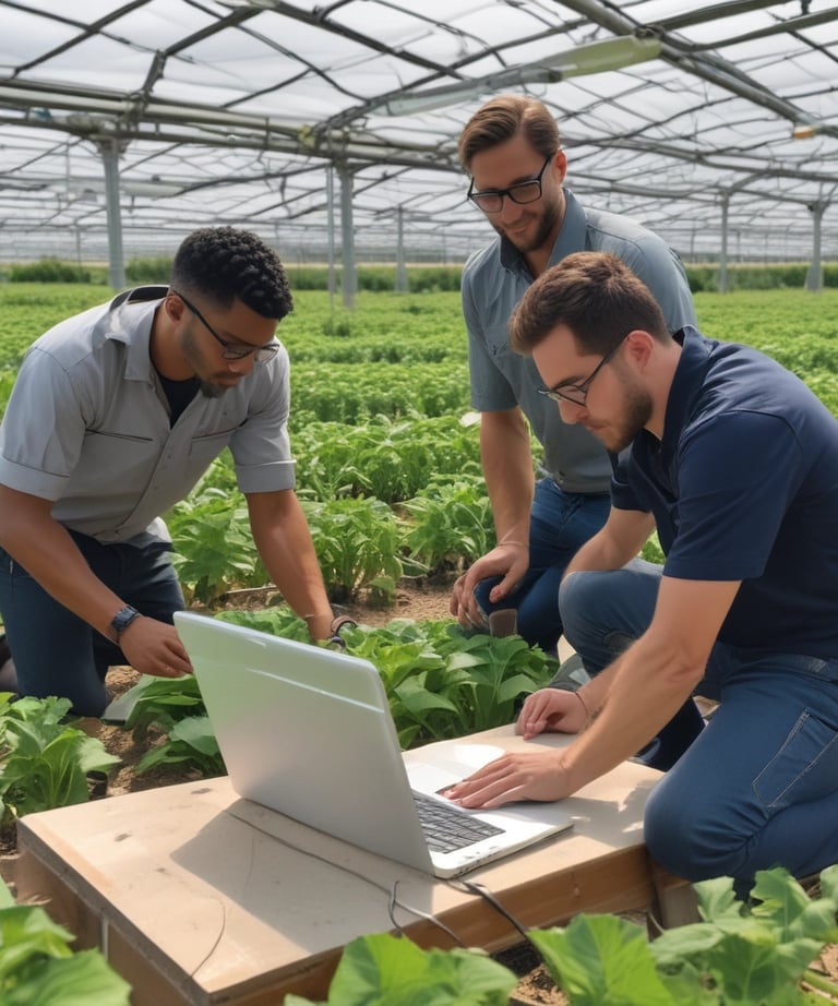 A team of diverse professionals collaborating over a digital tablet in a greenhouse environment.
