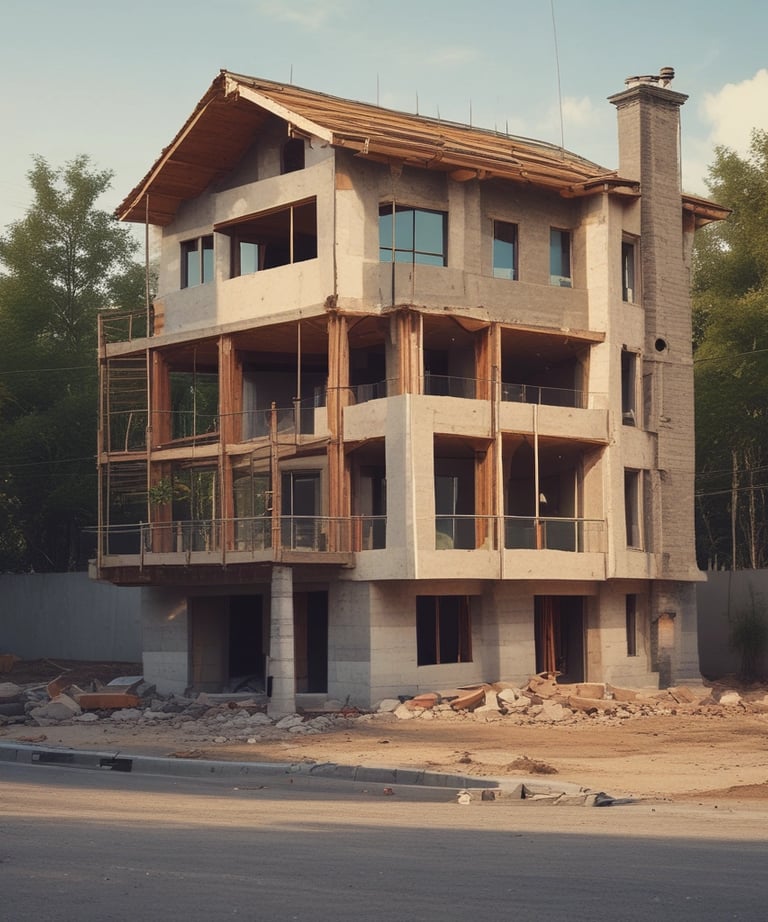 An intricate construction site with a complex framework of red steel beams and scaffolding stands prominently. Several white structural supports and yellow braces are visible, indicating an ongoing building project. The foreground displays signage in a language suggesting construction of luxury apartments.