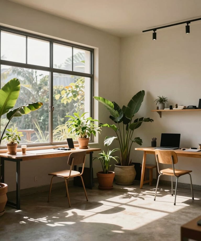 A lifestyle shot of a creative studio space with large windows and plants, bathed in afternoon sun. The composition is clean and artistic. South American / Brazilian interior.