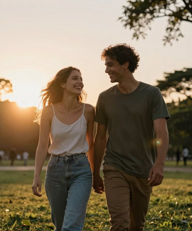 A portrait of a young Brazilian couple laughing while walking in a park at sunset. Warm, cinematic atmosphere with lens flare.