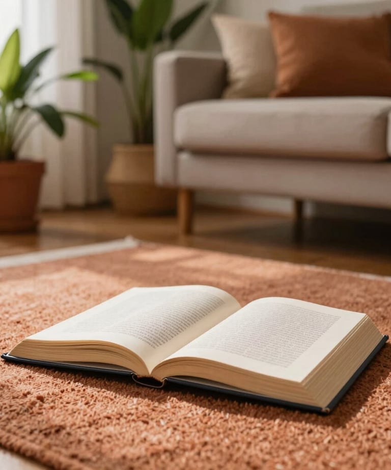 A creative lifestyle shot of a Brazilian living room with warm light, plants, and an open book on a terracotta-colored rug.