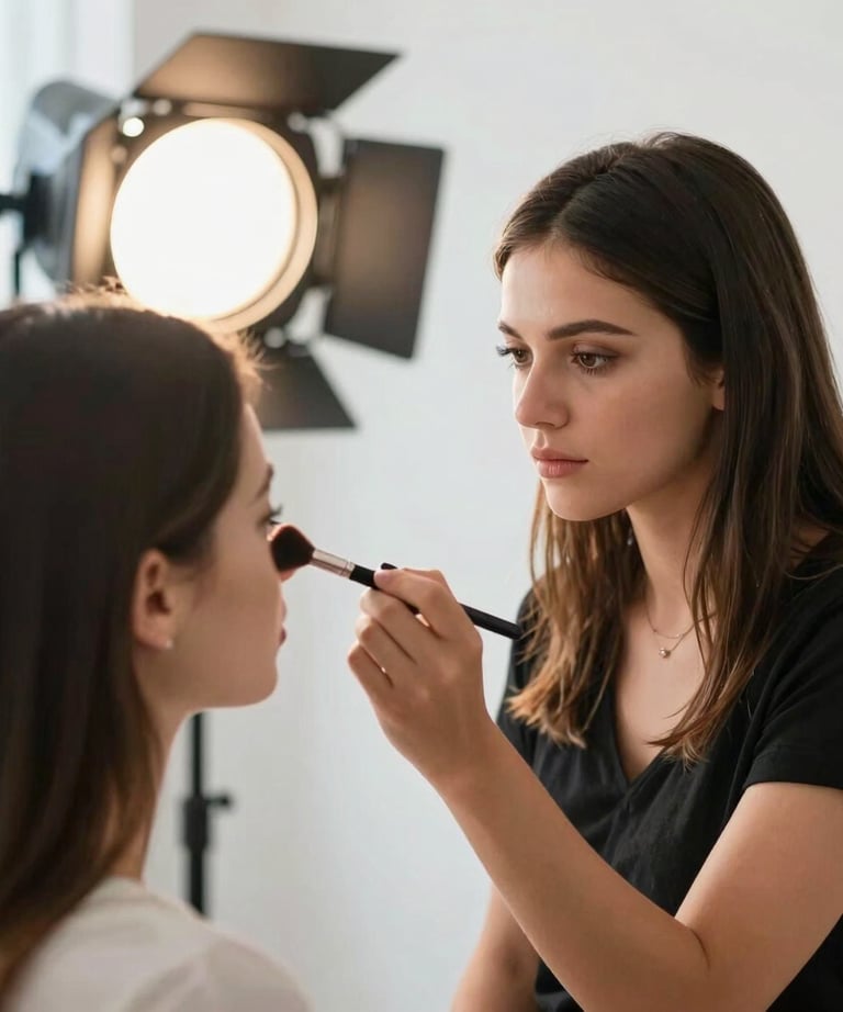Candid shot of a makeup artist preparing a client for a photoshoot. Bright, airy, and professional studio lighting. Brazilian context.