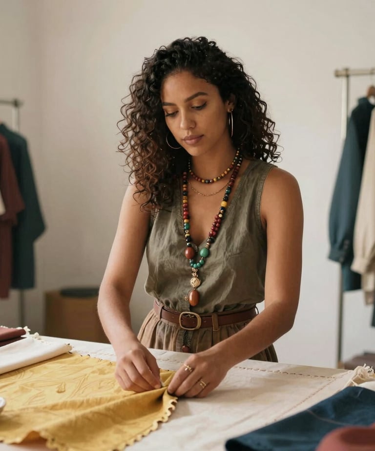Lifestyle portrait of a stylist working with fabrics in a bright studio. Warm tones, professional yet artistic South American / Brazilian vibe.