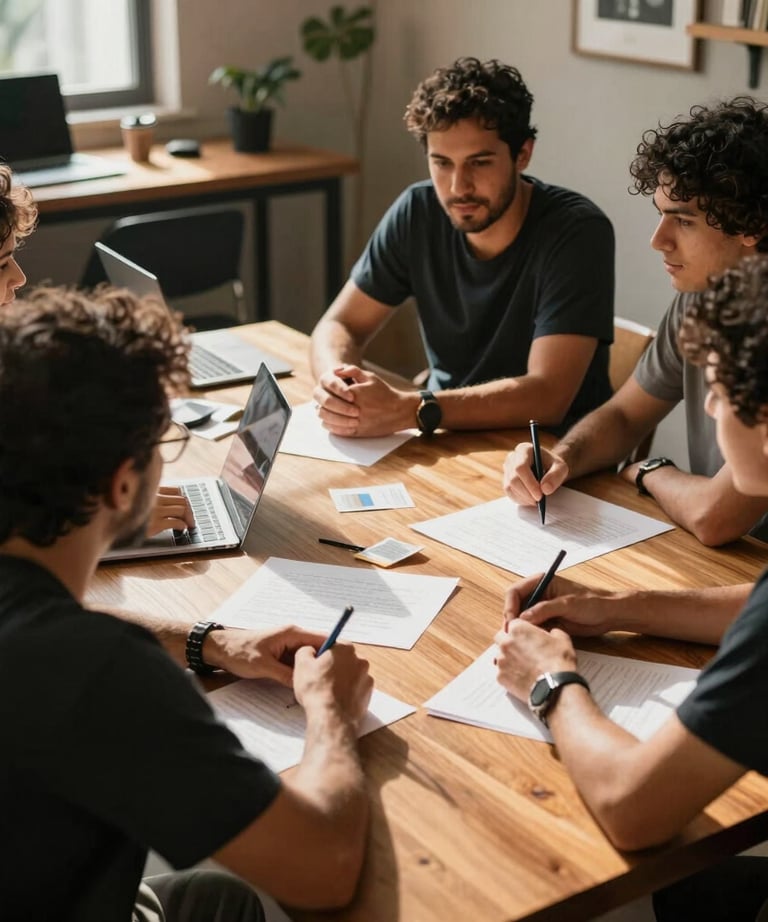 Candid photo of a creative team discussing ideas around a sunlit wooden table. Authentic Brazilian creative workspace vibe.