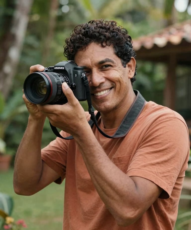 Portrait of a photographer with a camera, smiling warmly in a sun-drenched garden. Natural skin tones, warm terracotta and charcoal attire. South American / Brazilian context.