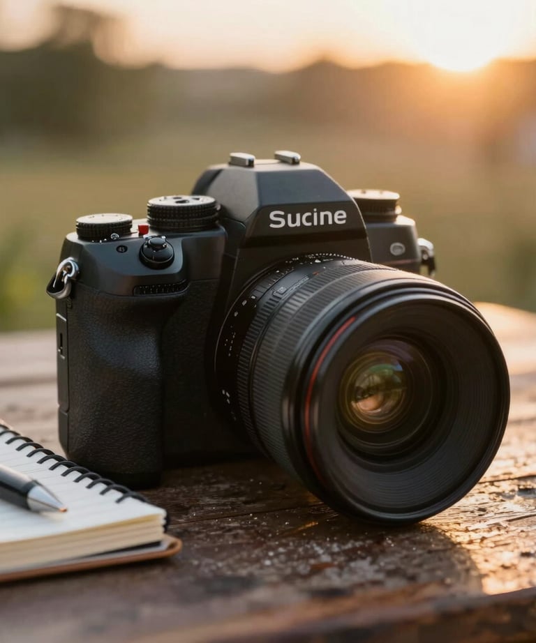 A close-up photo of a professional camera sitting on a rustic table next to a notebook. Cinematic focus and warm sunset light.