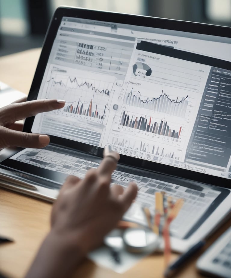 A close-up of hands working on a digital tablet displaying marketing analytics.